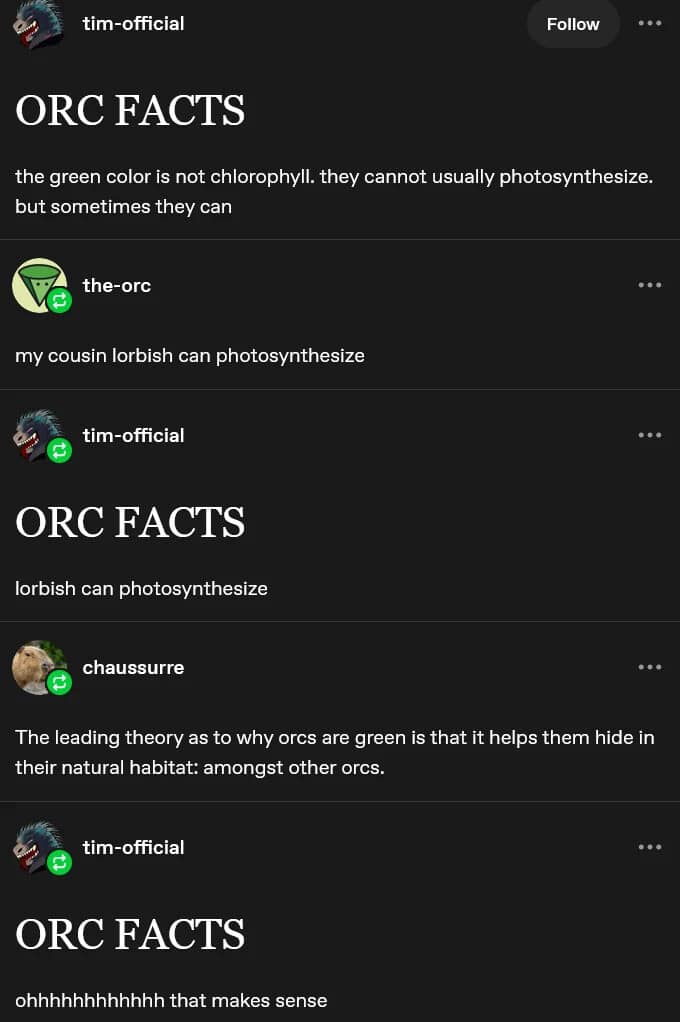 A DnD meme Tumblr thread discussing funny Orc Facts and whether orcs can photosynthesize.