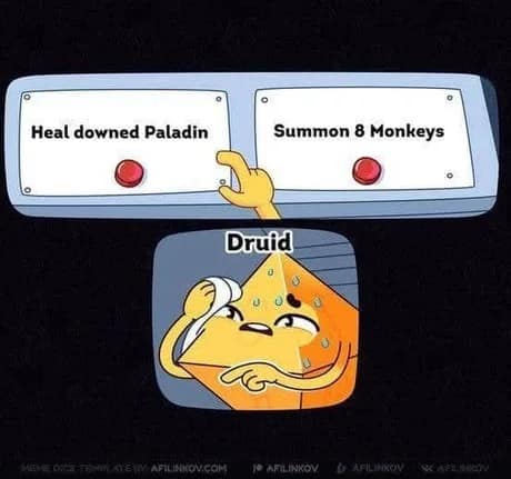 A dnd meme showing a Druid struggling to choose between healing a Paladin or summoning 8 monkeys.