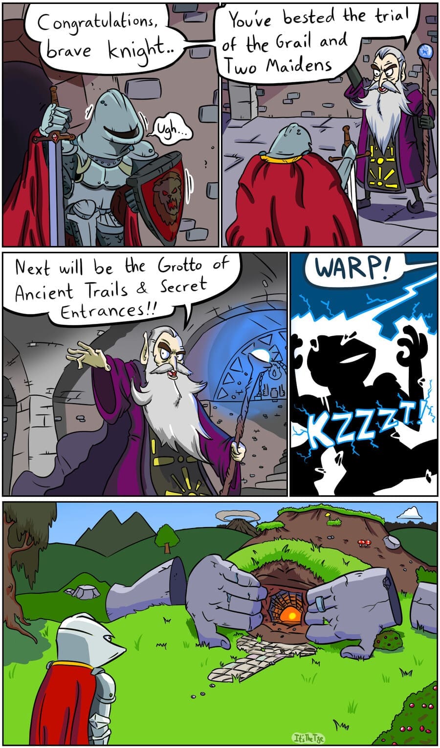 A dnd meme comic where a wizard tricks a knight into entering a "Grotto" that visually references the "Goatse" internet shock image.