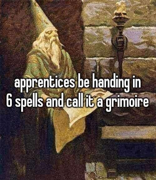 A DnD meme showing a vintage wizard judging apprentices for having small grimoires.