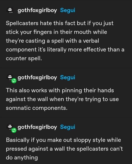 A dnd meme Tumblr post suggesting that kissing a spellcaster "sloppy style" is the most effective form of counterspell.