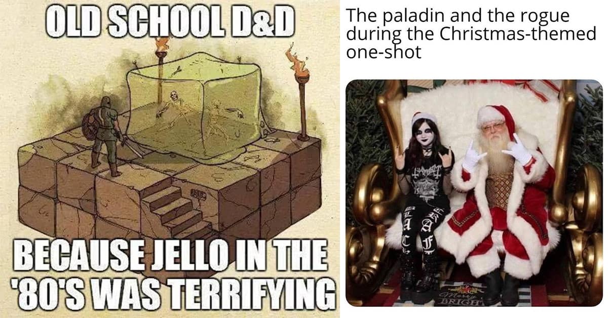 Collection of dnd meme images and Dungeons & dragons memes featuring alignment charts and funny monster names.