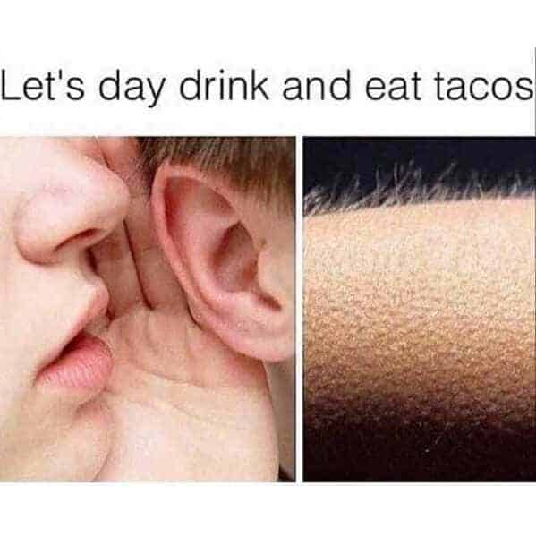 Whisper meme showing arm goosebumps reacting to the phrase day drink and eat tacos.