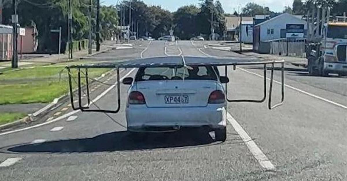 Collection of driving fail images and bad driver photo examples featuring overloaded cars and dangerous DIY moving hacks