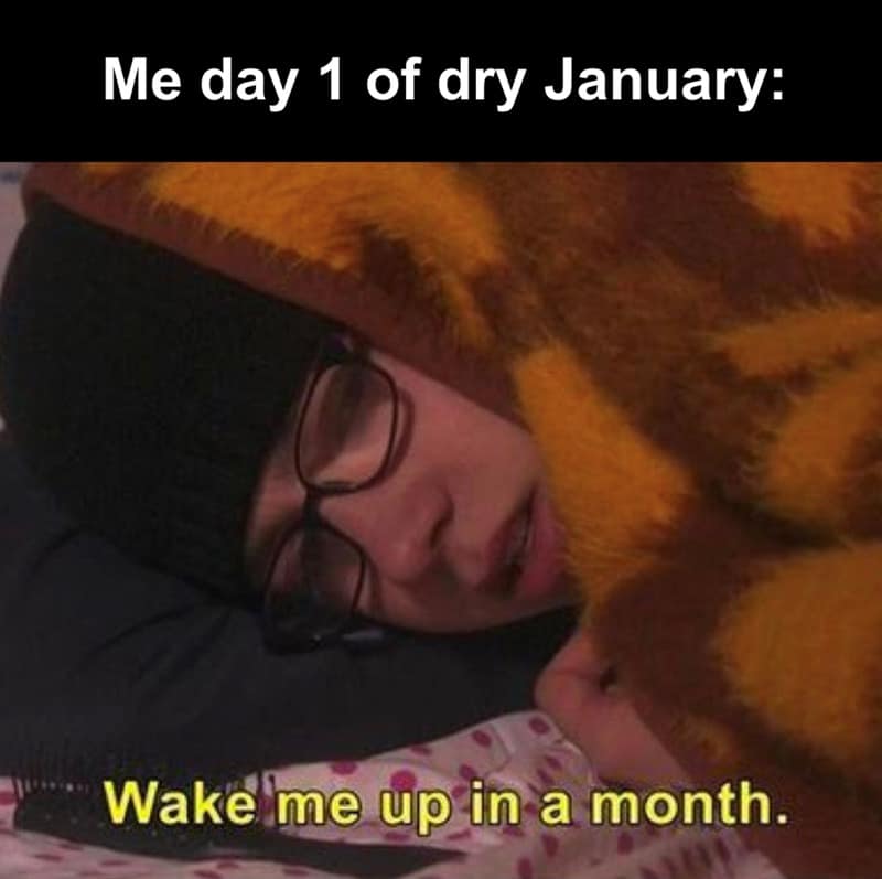 A person sleeping heavily in a hat and scarf with text about waking up in a month for Dry January.