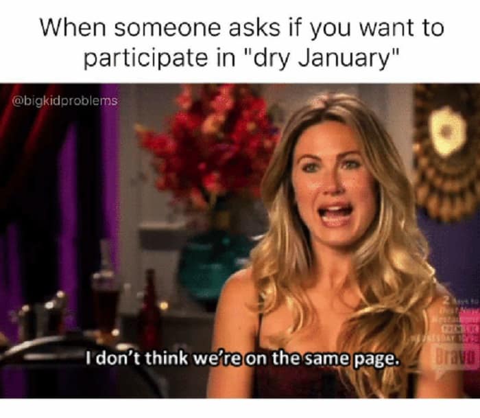 A reaction meme of a woman looking confused saying I don't think we're on the same page about Dry January.