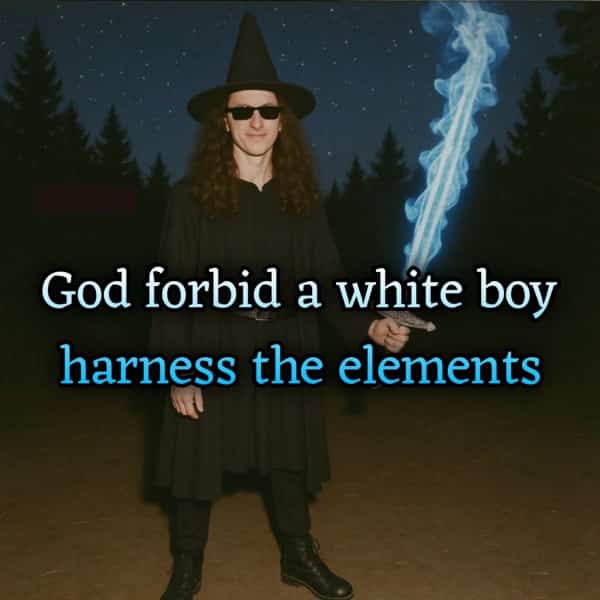 Man in sunglasses and wizard hat holding a glowing magical sword outdoors.