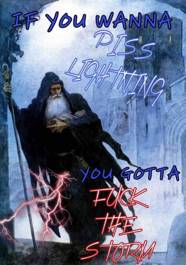Wizard in a robe holding a staff and pondering a lightning orb with aggressive text.