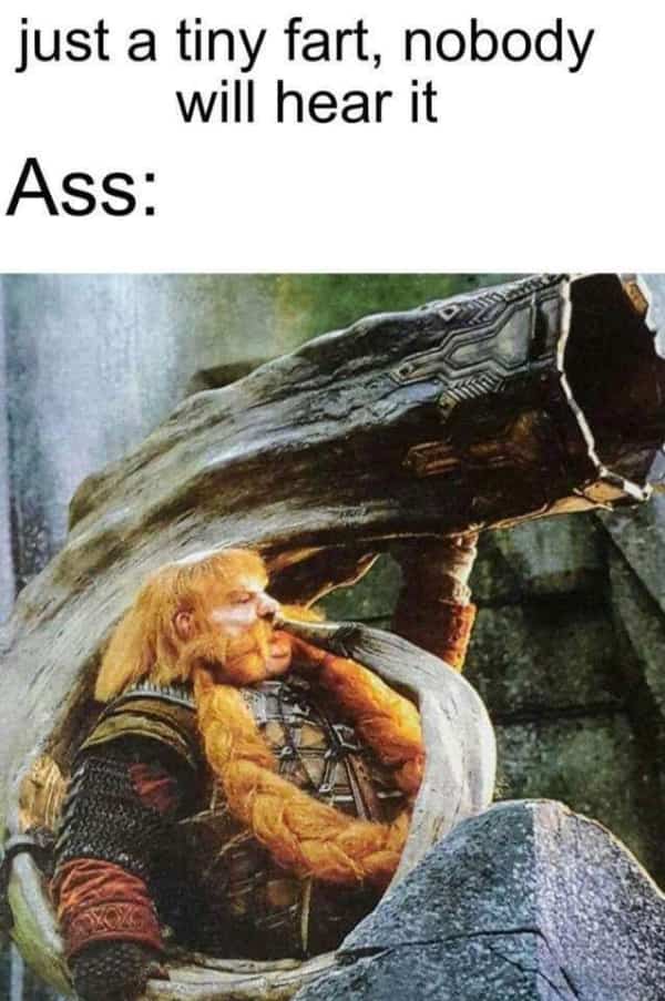 Dwarf blowing into a massive wooden horn labeled as a loud bodily function.