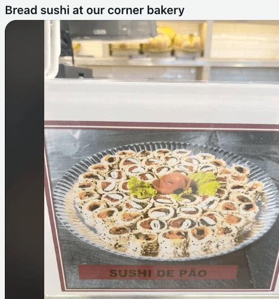 Bakery display advertising bread sushi rolls made from sandwich ingredients.