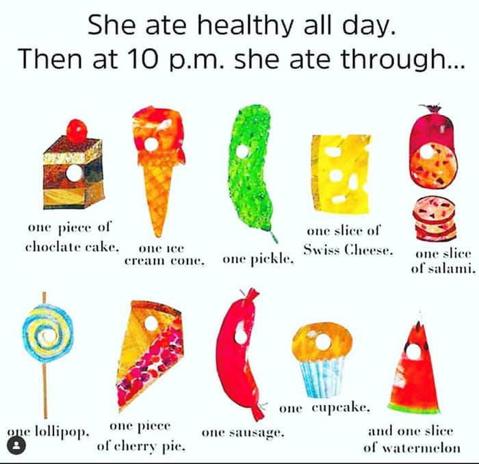 A food meme parodying "The Very Hungry Caterpillar" showing a woman's late-night binge including cake, pickles, and salami.