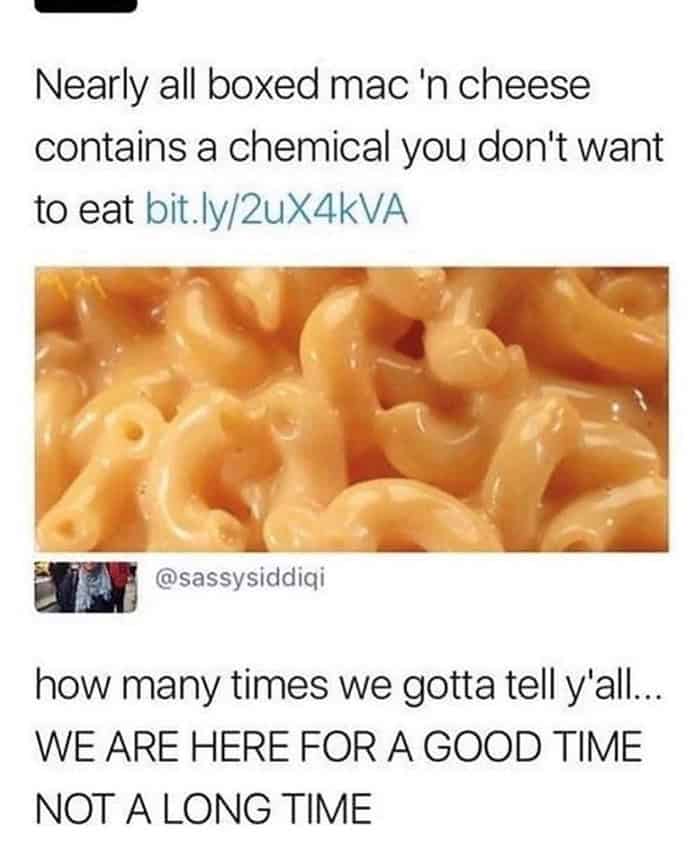 A food meme regarding chemicals in boxed mac and cheese, with a response saying "we are here for a good time not a long time."