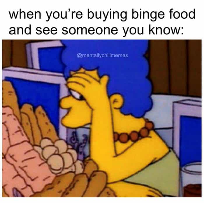A food meme featuring Marge Simpson looking ashamed while buying binge food, representing seeing someone you know at the store.