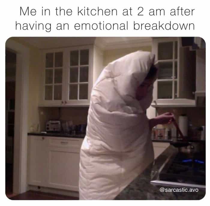 A food meme showing someone wrapped in a thick white duvet while cooking in the kitchen at 2 a.m.