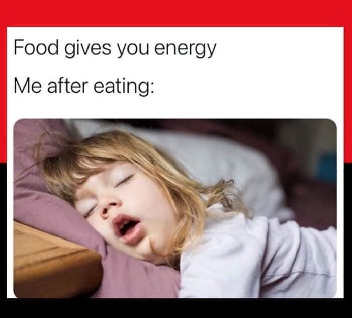 A food meme comparing the idea that food gives you energy to a photo of a child sleeping soundly after eating.