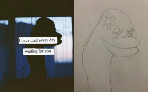 Shadow on window looking like a sad puppet compared to a sketch.