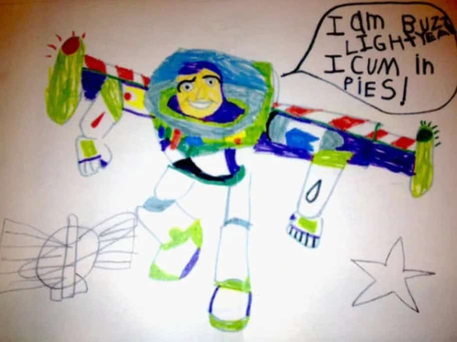 Child's drawing of Buzz Lightyear with misspelled catchphrase I come in peace.