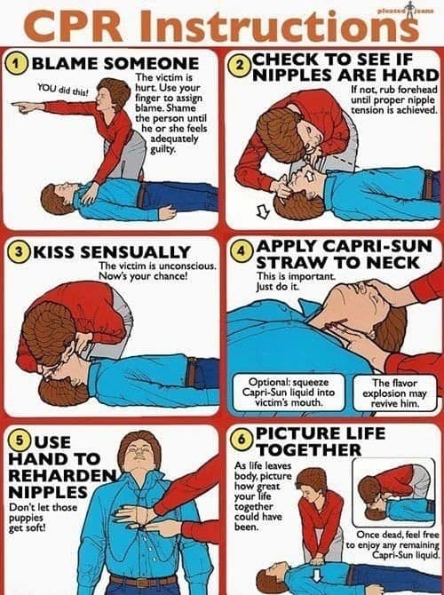Parody CPR instruction poster with steps like check nipples and kiss sensually.