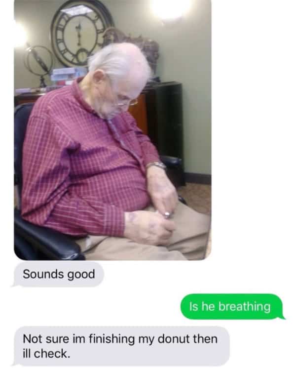 Text exchange about finishing a donut before checking on a sleeping grandfather.