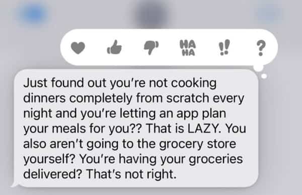 Parent sending an angry text about using apps for meal planning.