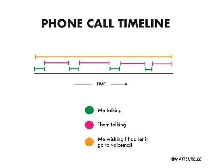 A funny chart timeline of a phone call showing mostly wishing it went to voicemail.