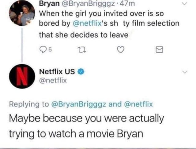 A clapback reply from the official Netflix account roasting a user for not understanding "Netflix and chill".