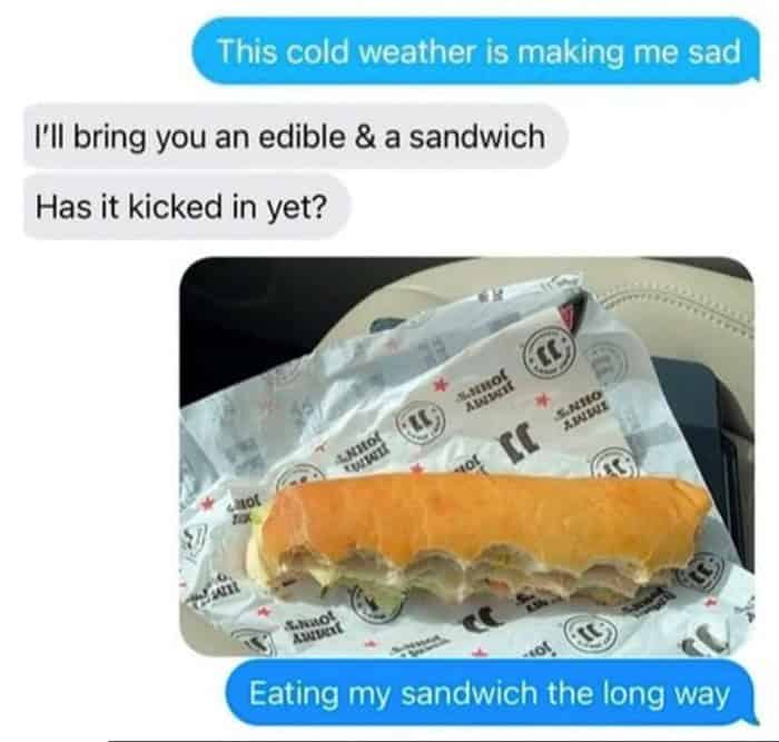 A funny food meme text exchange showing a sandwich with bites taken out of the side length-wise.