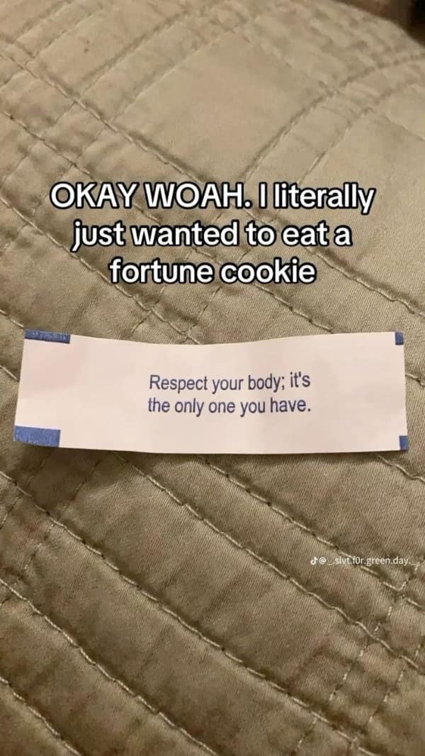 Snapchat caption about eating a cookie with fortune saying respect your body.