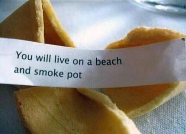 Fortune cookie paper predicting living on a beach and smoking pot.
