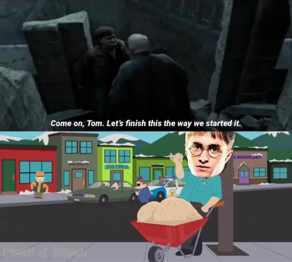 A funny Harry Potter meme comparing the final battle to South Park's Buffalo Soldier episode.