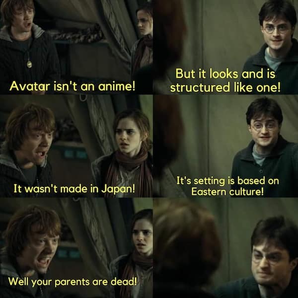 A Harry Potter meme using the locket argument scene to debate if Avatar is an anime.