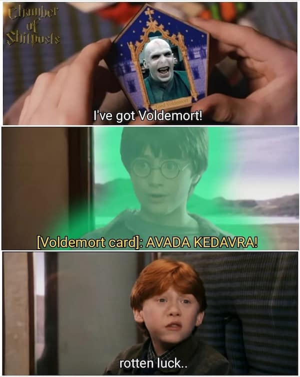 A funny Harry Potter meme where a Voldemort Chocolate Frog card casts Avada Kedavra on Harry.