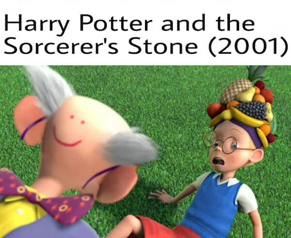 A funny Harry Potter meme comparing the first movie to Carl Wheezer with a fruit hat.