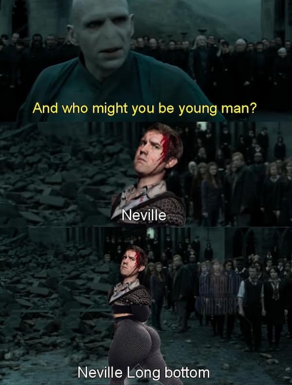 A funny Harry Potter meme editing Neville Longbottom to have a very large lower body.