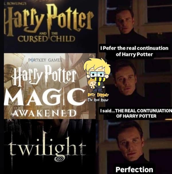 A Magneto perfection meme claiming Twilight is the real continuation of Harry Potter.