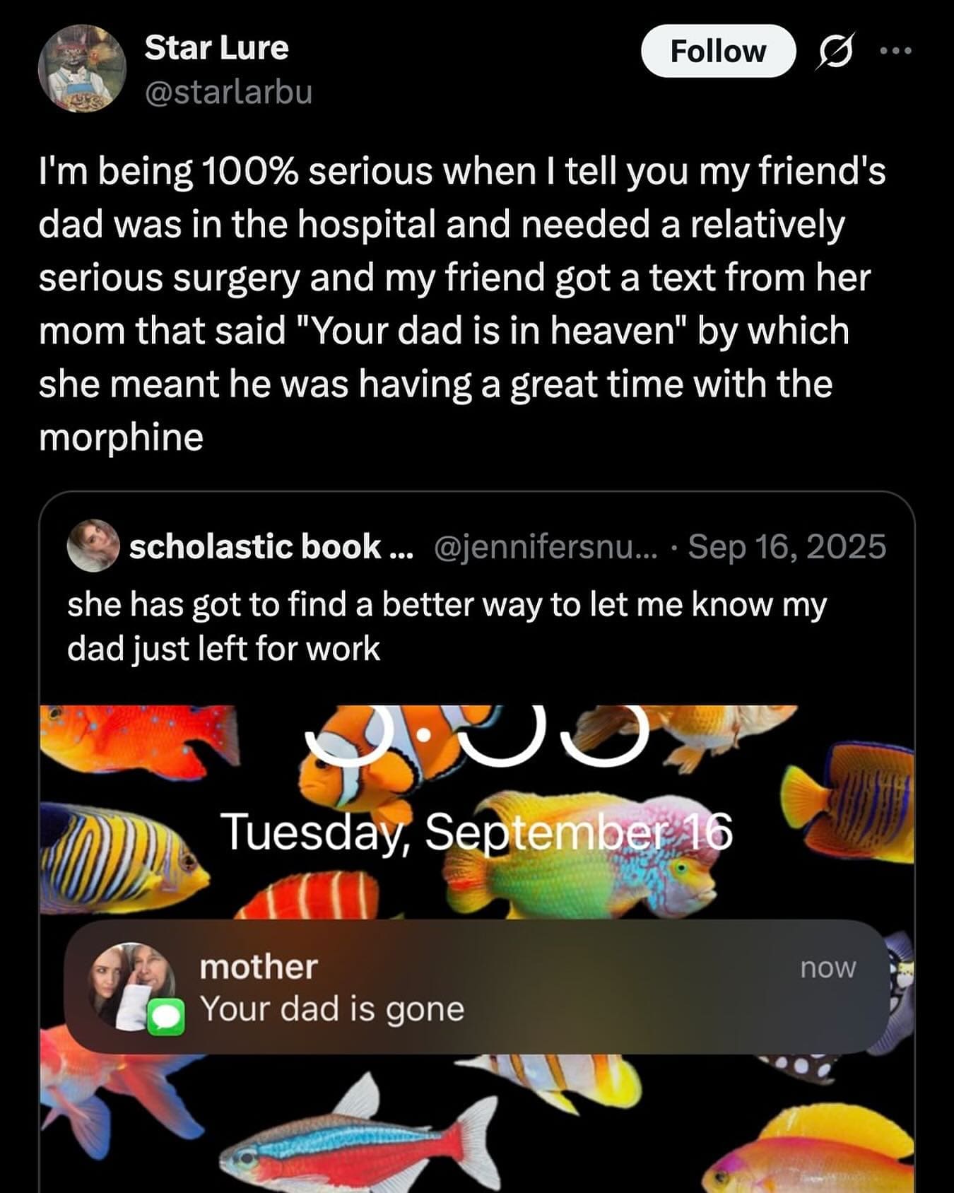 Tweet about a misleading text message regarding a father in the hospital.