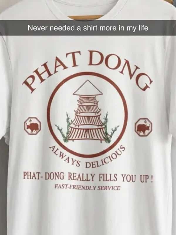 White t-shirt featuring Asian style restaurant logo with funny name Phat Dong.