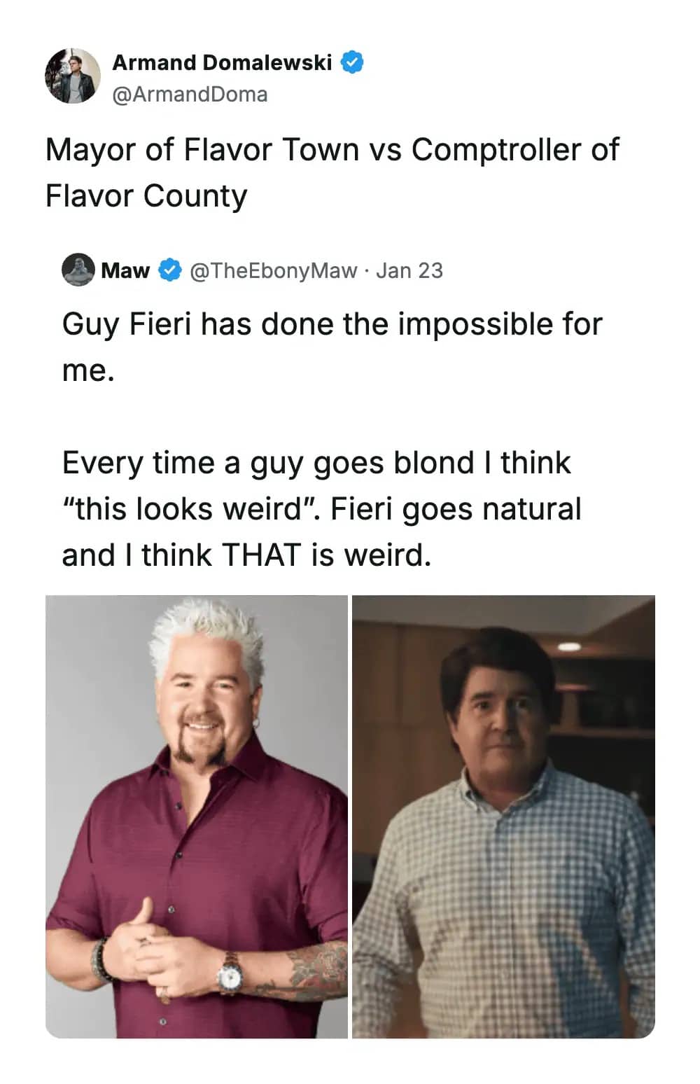 Guy Fieri with normal hair versus his iconic bleach blonde spikes viral meme.