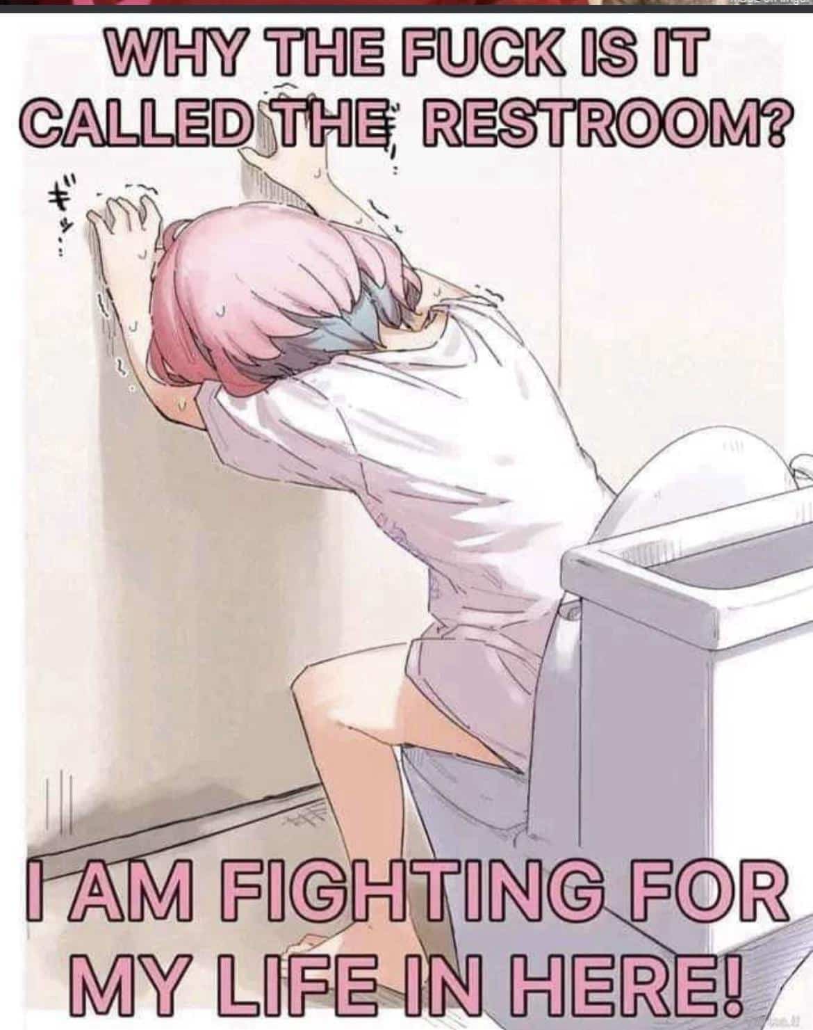Anime character struggling on toilet with text asking why it is called the restroom.