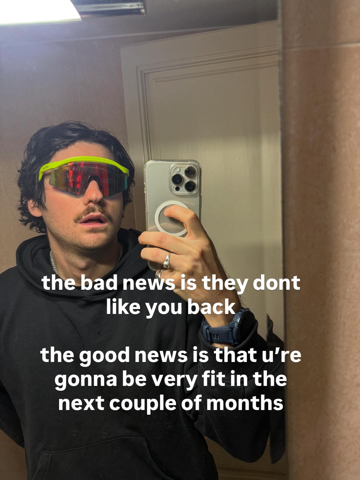 Man in fast sunglasses selfie with breakup motivation caption funny memes.