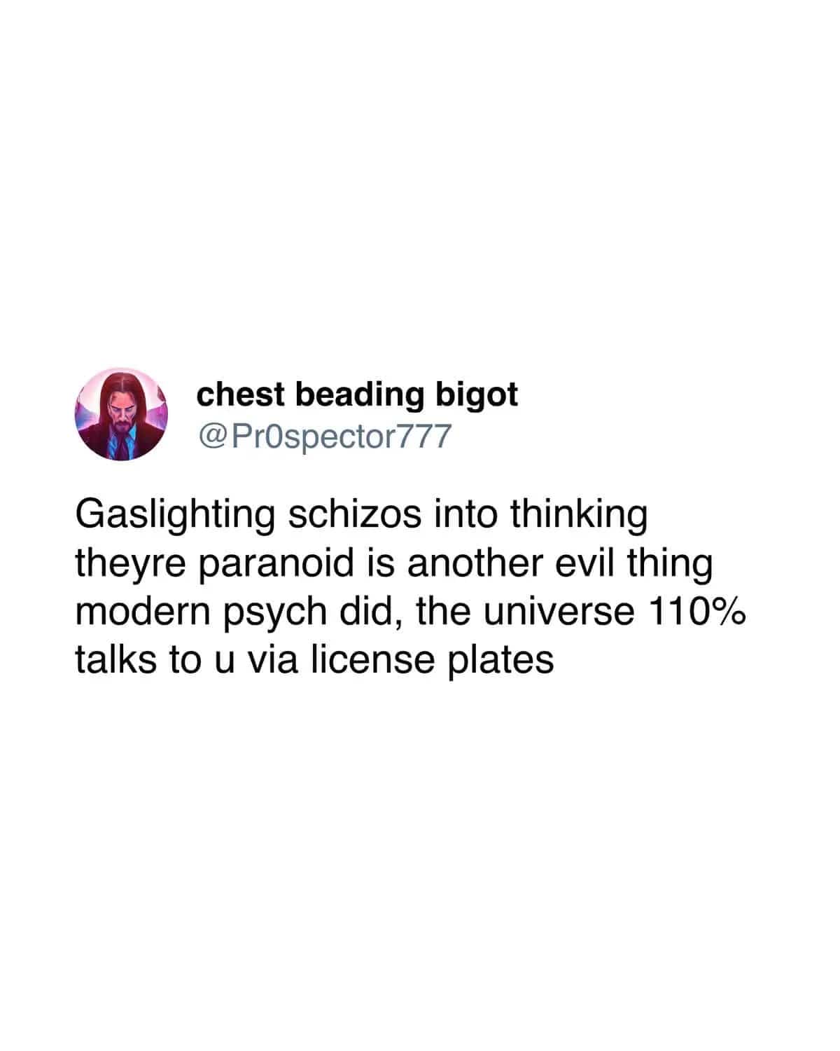 Satirical tweet claiming the universe talks through license plates and paranoia.