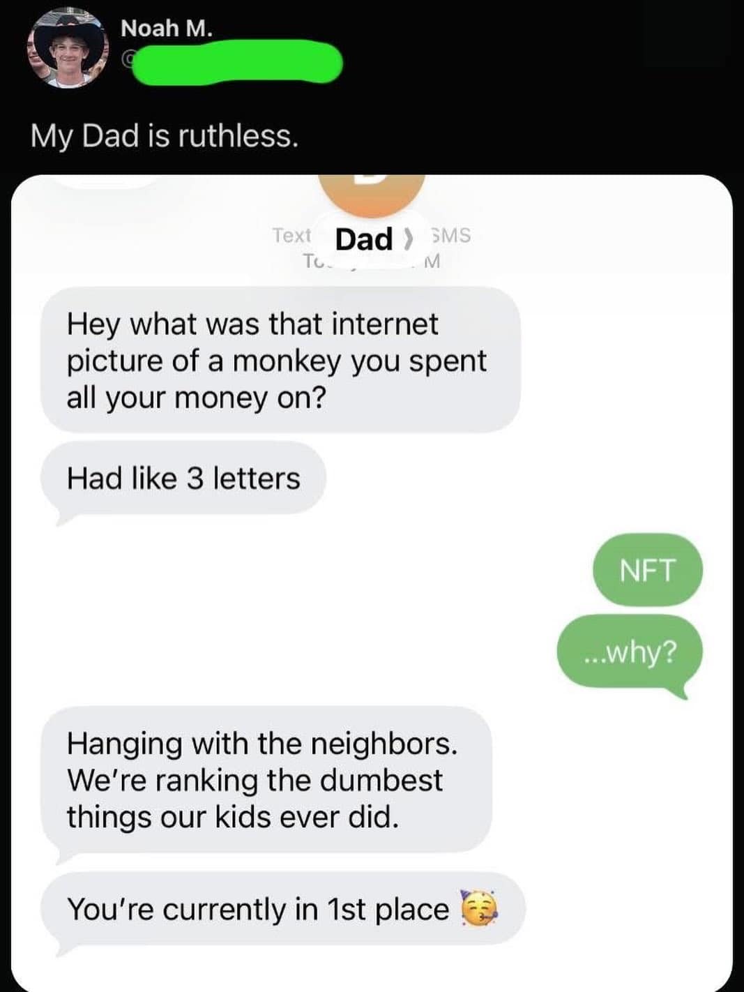 Text conversation meme where dad roasts son for buying an NFT monkey picture.