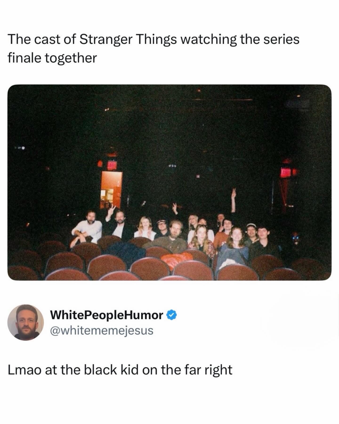 Things cast photo meme pointing out a cast member blending into the darkness.