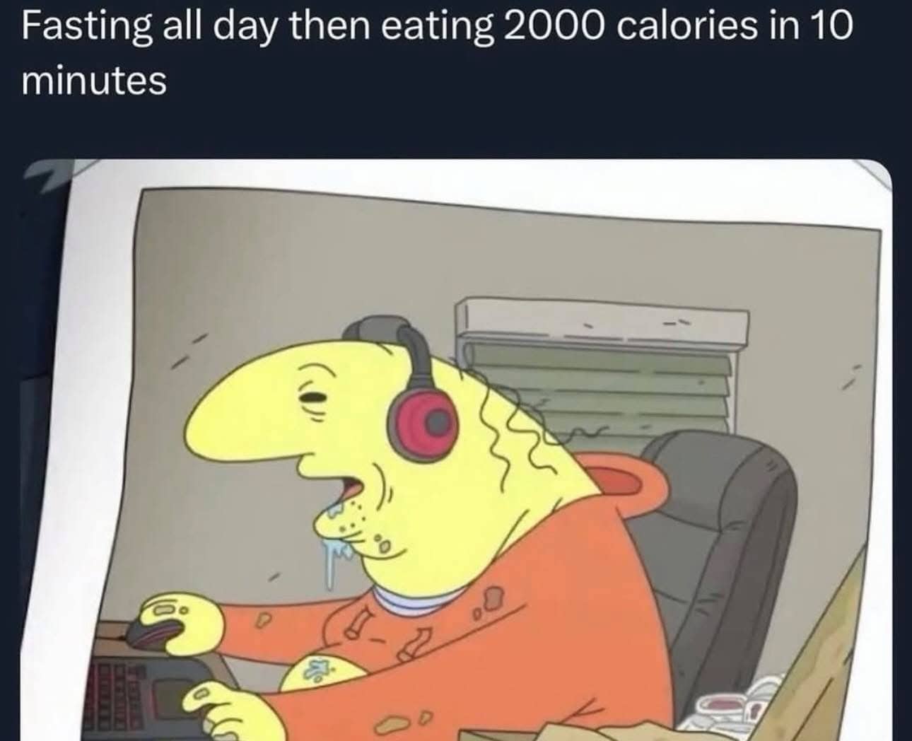 Smiling Friends character looking sickly before eating two thousand calories in ten minutes.