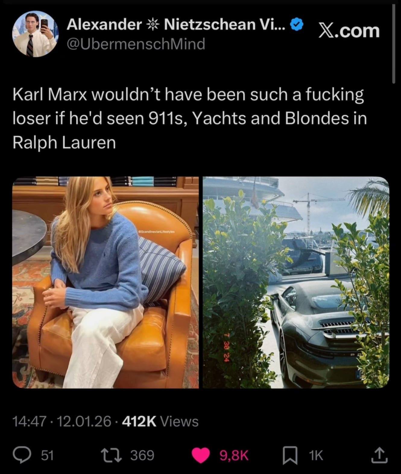 Tweet joking that luxury cars and fashion would have changed Karl Marx's philosophy.