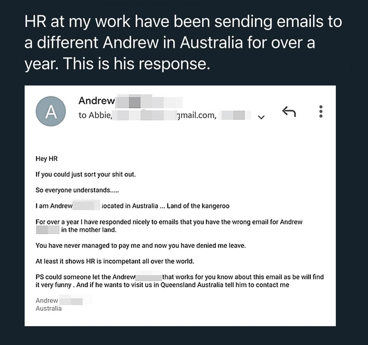 Funny email response from an Australian man continually mistaken for an employee by HR.