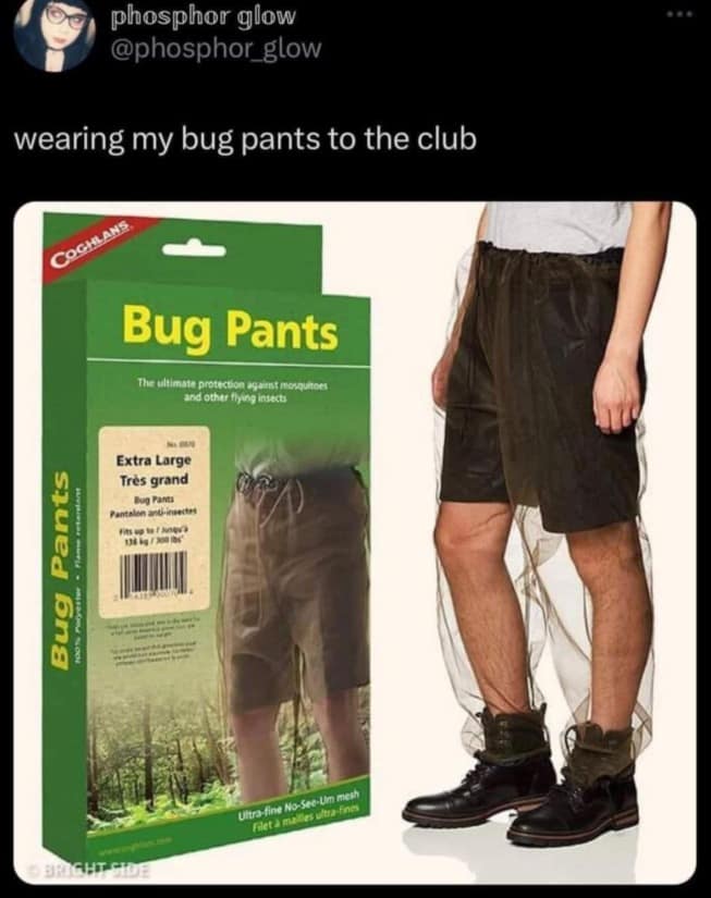 Mesh bug pants product meme about wearing anti-insect trousers to the club.