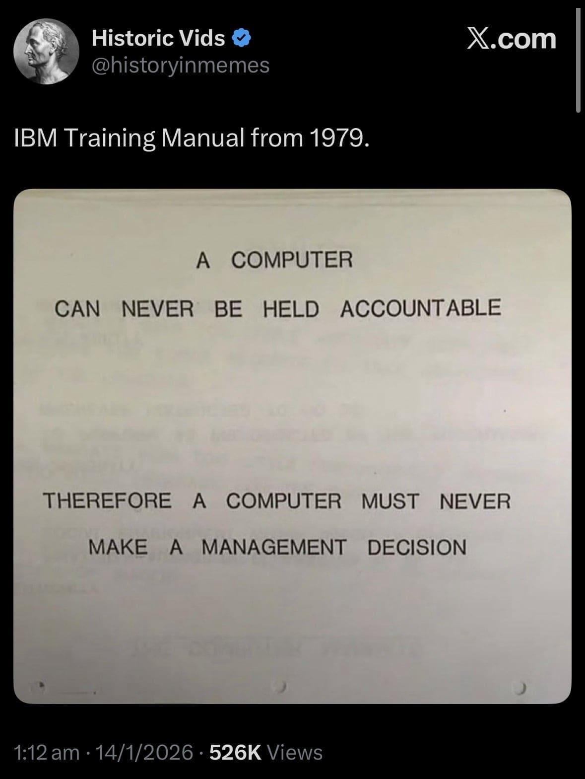 979 IBM manual page warning that computers cannot be held accountable for management decisions.