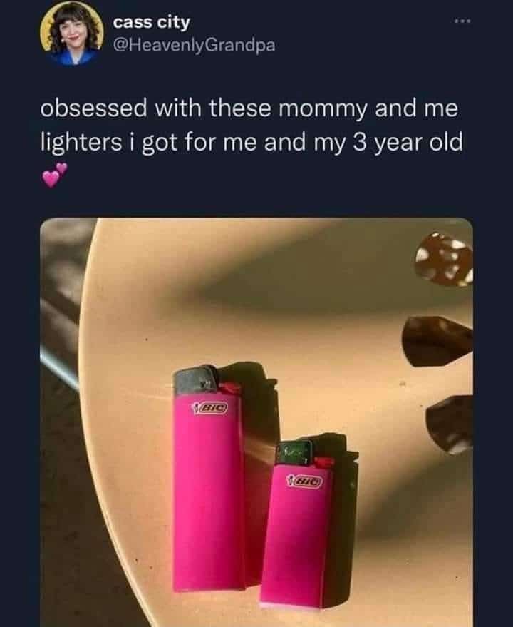 Large and small pink lighters described as a mommy and me set for toddlers.