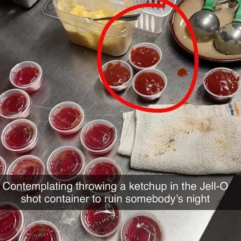 Prank idea to disguise ketchup cups as red Jell-O shots.